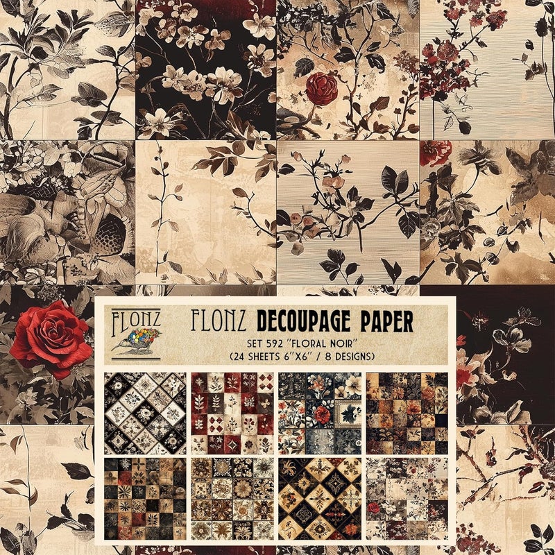 Decoupage Paper Pack (24 Sheets 6"x6") Floral Noir: Moody Botanical Panels in Dark Tones for Dramatic and Artistic Craft Creations # Vintage Styled Paper for Craft and Scrapbooking